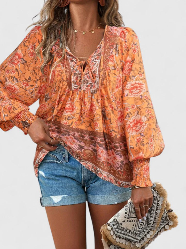 Women's Boho Floral Print Long Sleeve Peasant Top with Tie Neckline, Smocked Cuffs and Botanical Border Hem
