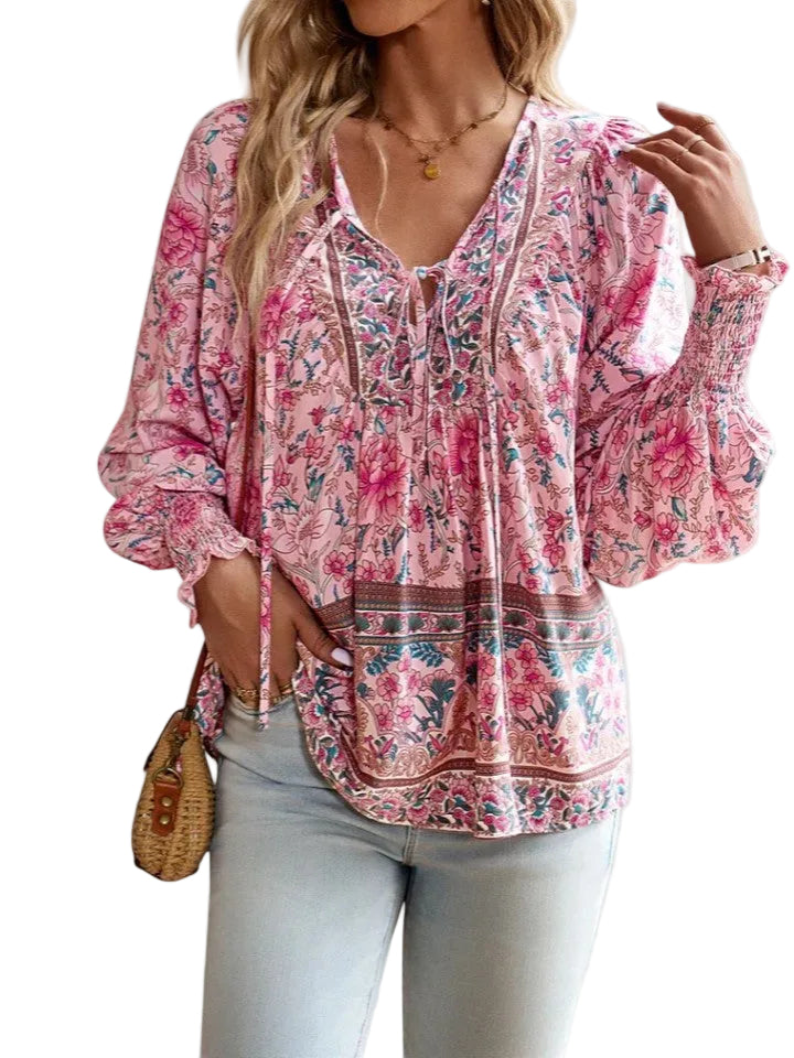 Women's Boho Floral Print Long Sleeve Peasant Top with Tie Neckline, Smocked Cuffs and Botanical Border Hem