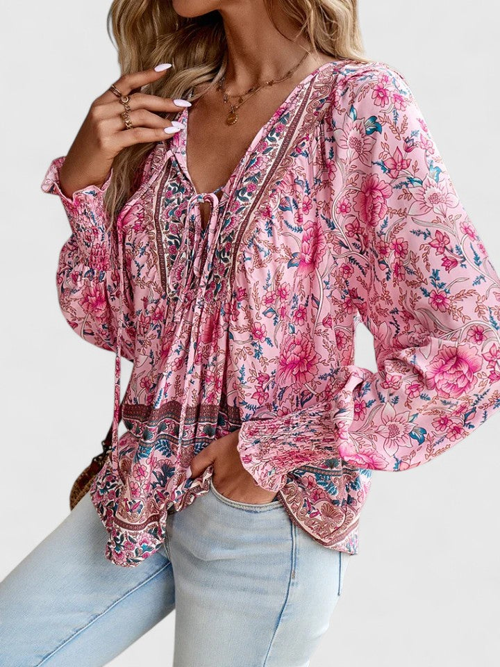 Women's Boho Floral Print Long Sleeve Peasant Top with Tie Neckline, Smocked Cuffs and Botanical Border Hem