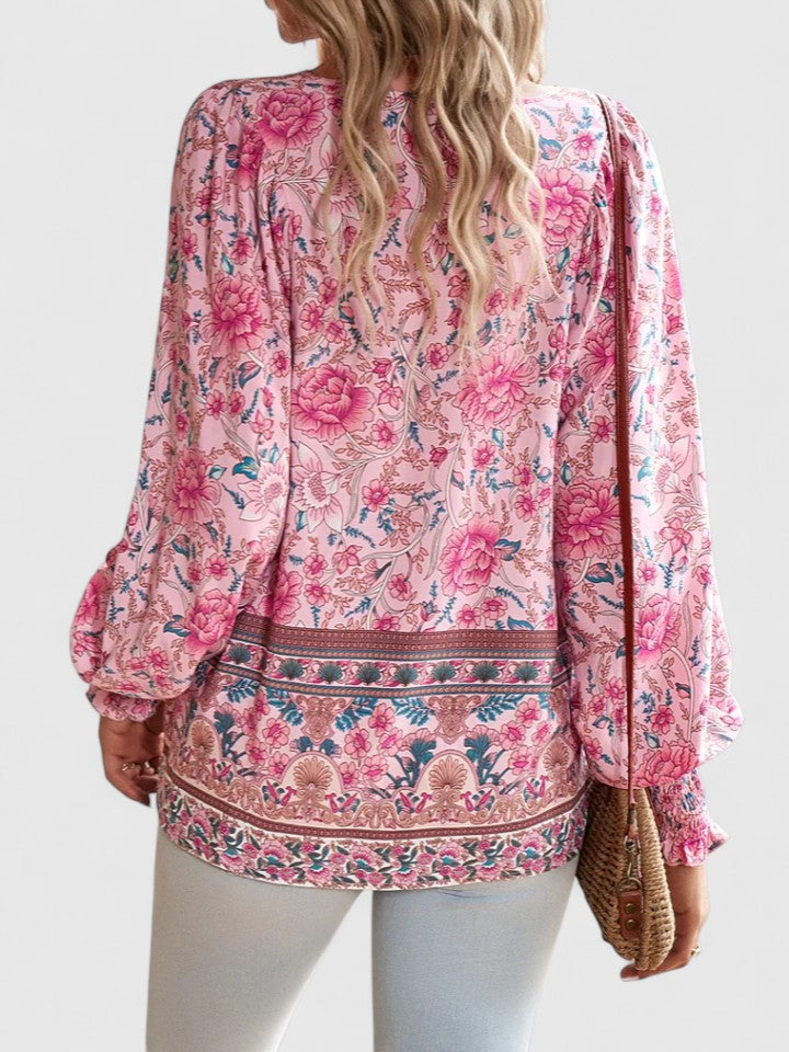 Women's Boho Floral Print Long Sleeve Peasant Top with Tie Neckline, Smocked Cuffs and Botanical Border Hem
