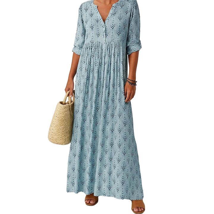 Women's Boho Geometric Leaf Print Maxi Dress with Notched V Neck, Gathered Yoke and Roll-Up Sleeves