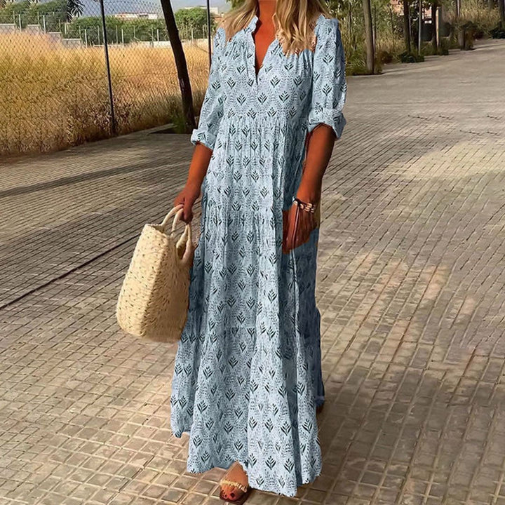 Women's Boho Geometric Leaf Print Maxi Dress with Notched V Neck, Gathered Yoke and Roll-Up Sleeves