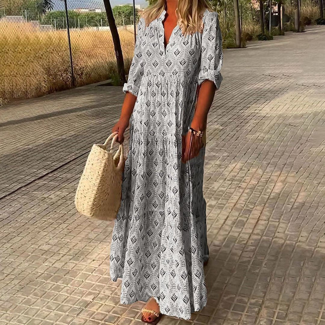 Women's Boho Geometric Leaf Print Maxi Dress with Notched V Neck, Gathered Yoke and Roll-Up Sleeves