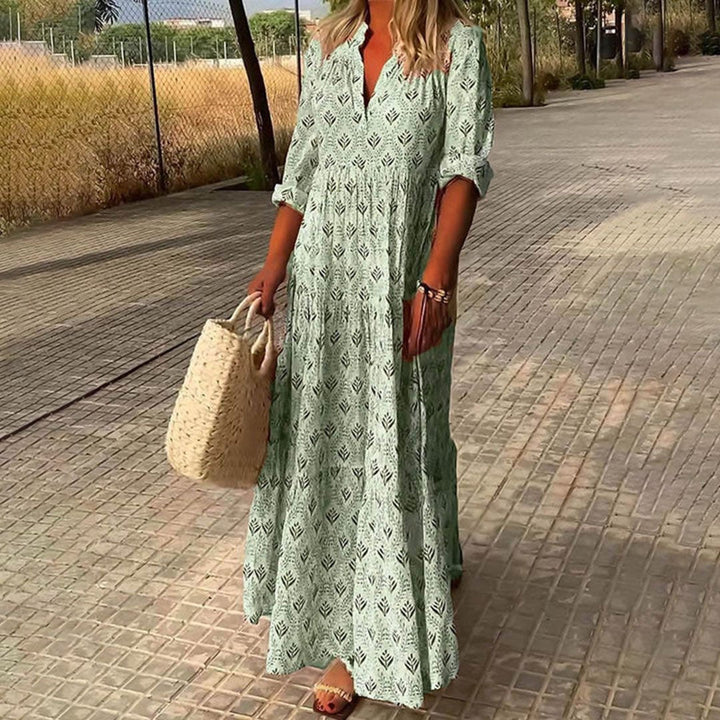 Women's Boho Geometric Leaf Print Maxi Dress with Notched V Neck, Gathered Yoke and Roll-Up Sleeves