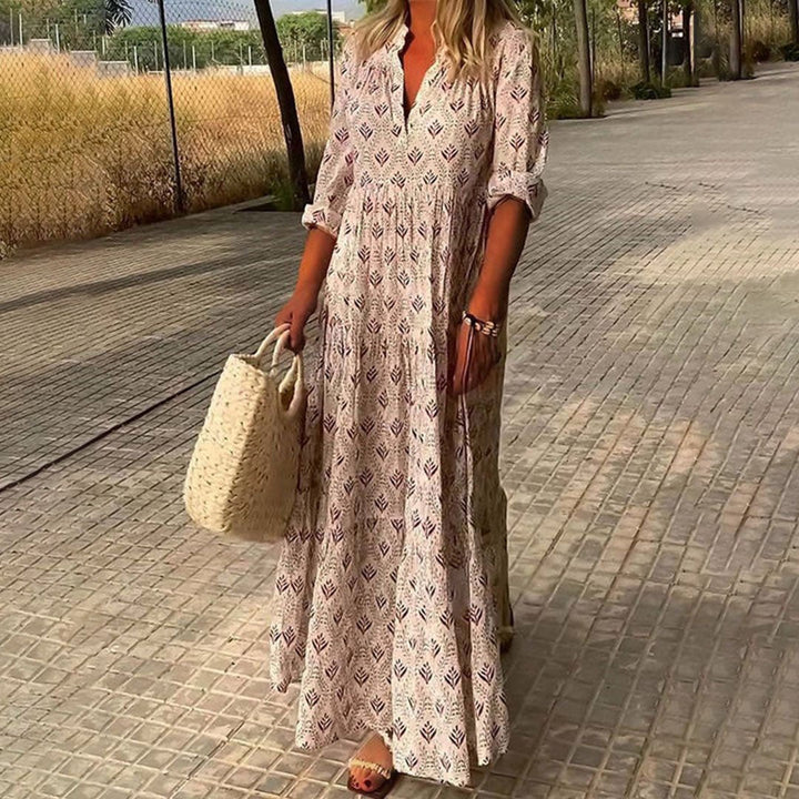 Women's Boho Geometric Leaf Print Maxi Dress with Notched V Neck, Gathered Yoke and Roll-Up Sleeves