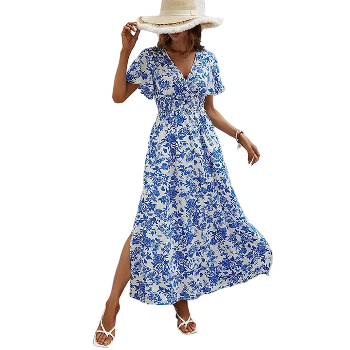 Women's Boho Large Floral Print Surplice V Neck Puff Short Sleeve Smocked Waist Side Split Maxi Dress Floral Maxi Dress