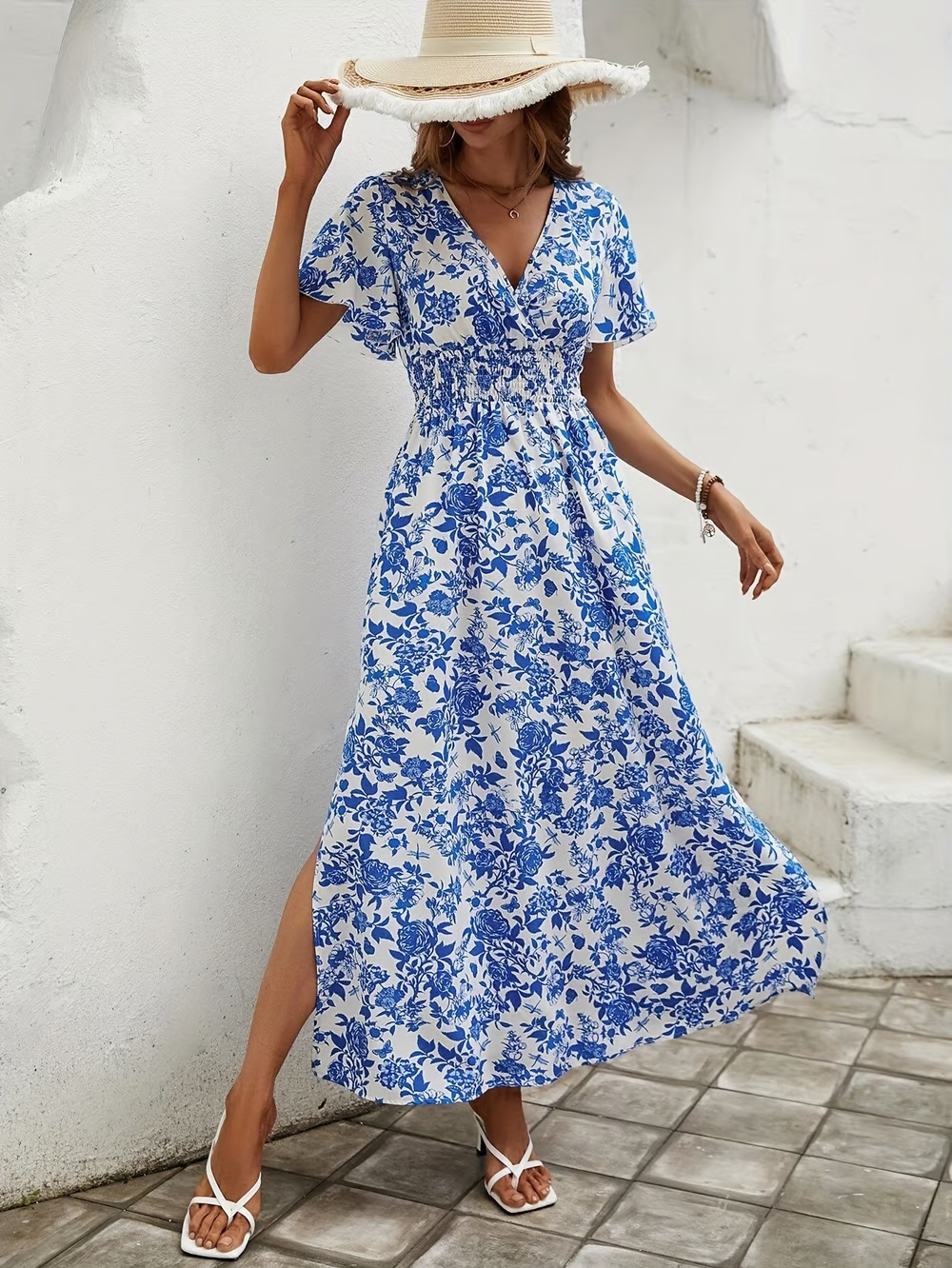 Women's Boho Large Floral Print Surplice V Neck Puff Short Sleeve Smocked Waist Side Split Maxi Dress Floral Maxi Dress