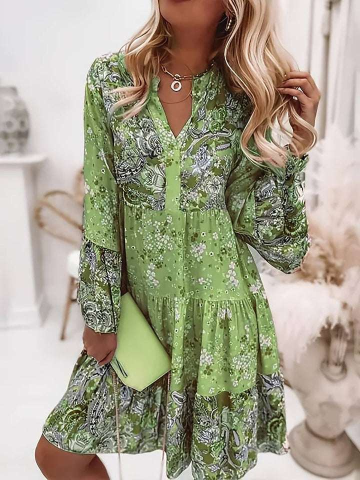 Women's Boho Mixed Floral Print Tiered Midi Dress with V Neck Tie Detail and Long Flare Sleeves