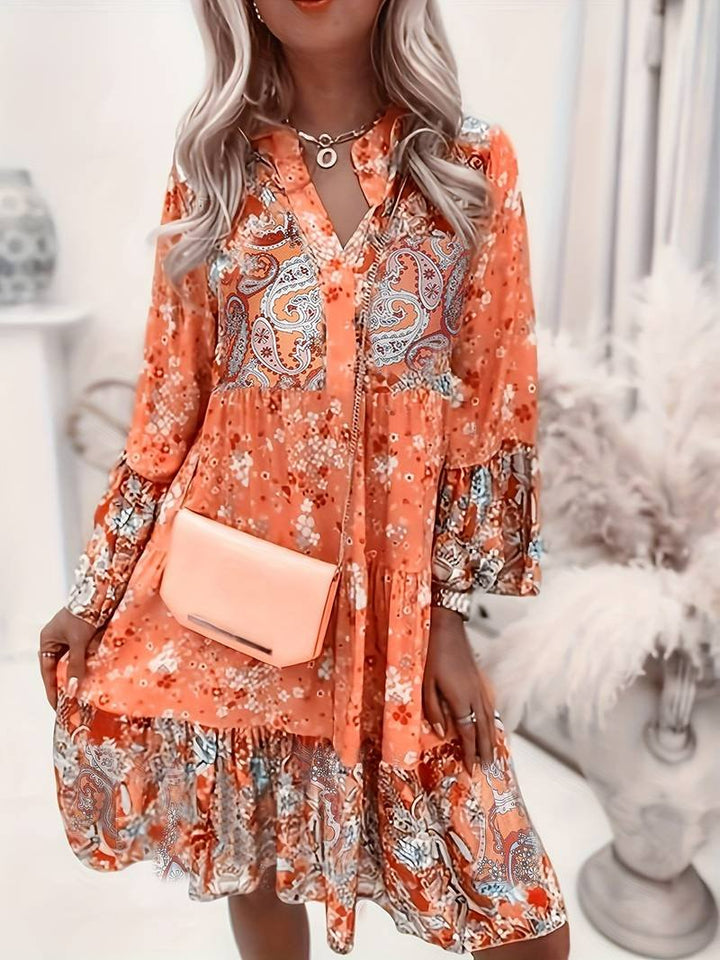 Women's Boho Mixed Floral Print Tiered Midi Dress with V Neck Tie Detail and Long Flare Sleeves
