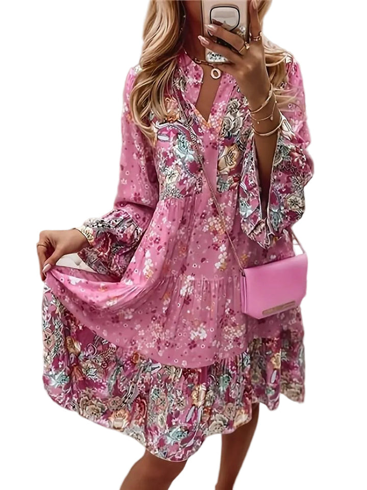 Women's Boho Mixed Floral Print Tiered Midi Dress with V Neck Tie Detail and Long Flare Sleeves
