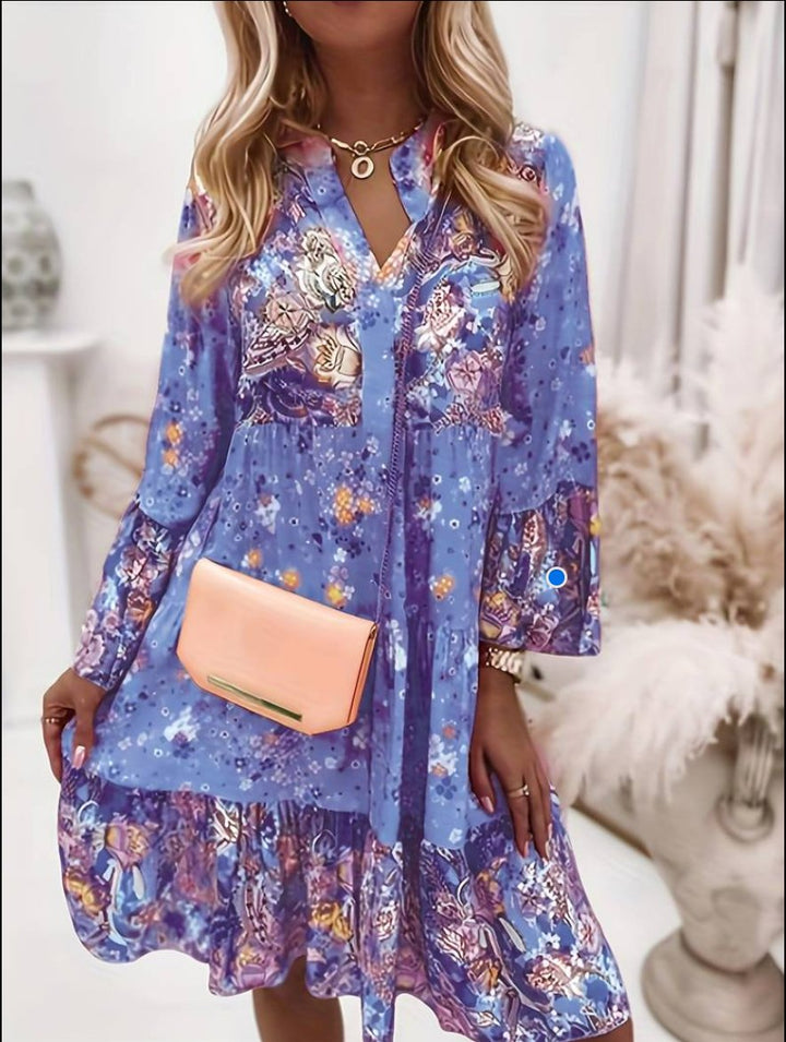 Women's Boho Mixed Floral Print Tiered Midi Dress with V Neck Tie Detail and Long Flare Sleeves