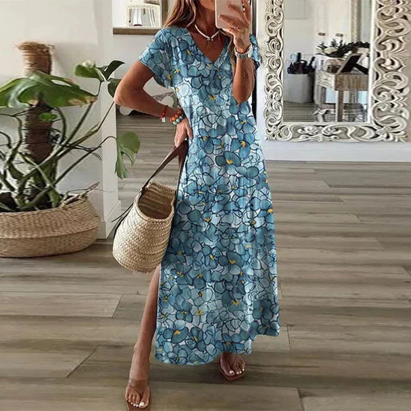 Women's Boho Ornate Baroque Scrollwork Print V Neck Short Sleeve Loose Fit Side Split Maxi Dress Boho Maxi Dress