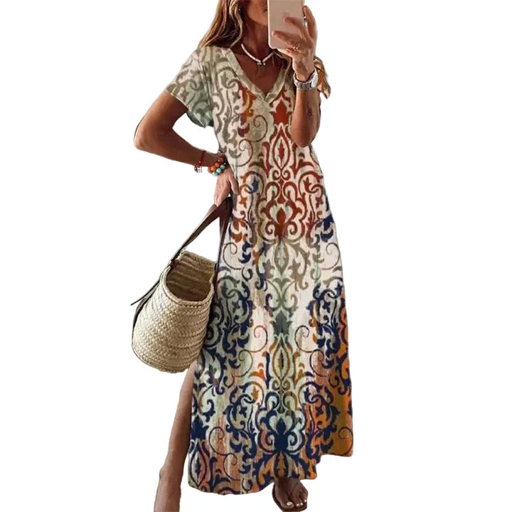 Women's Boho Ornate Baroque Scrollwork Print V Neck Short Sleeve Loose Fit Side Split Maxi Dress Boho Maxi Dress