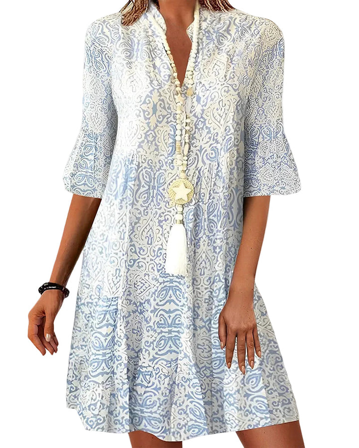 Women's Boho Ornate Scroll Print V Neck Three-Quarter Flare Sleeve Mini Dress with Gathered Waist and A-Line Skirt