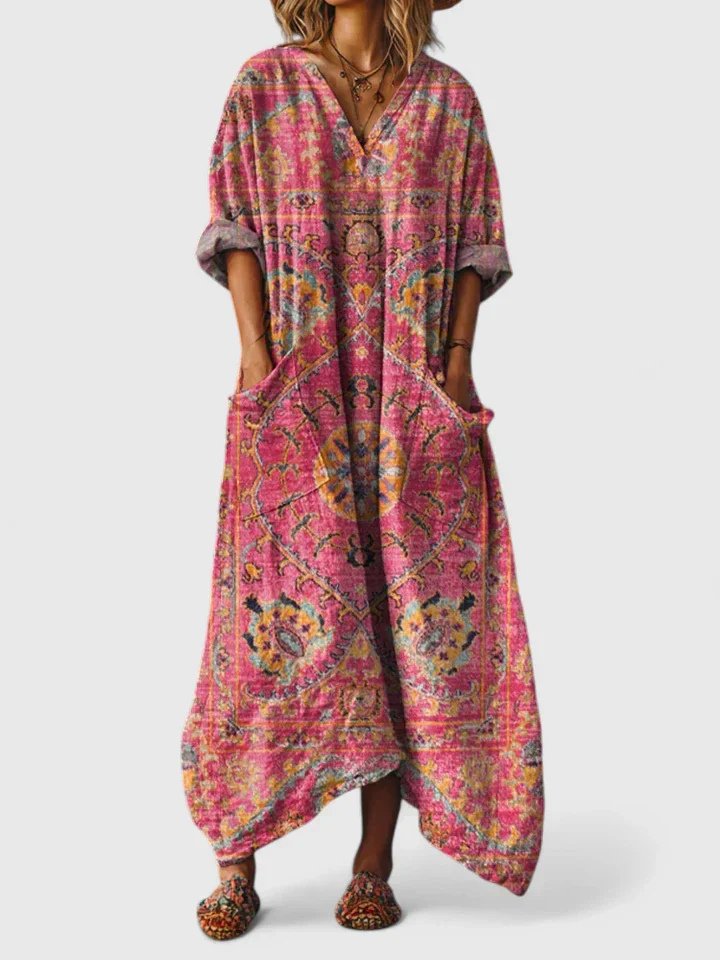 Women's Boho Paisley Print Oversized Cocoon Maxi Dress with Large Front Patch Pockets Roll Back Sleeves and Asymmetric Hem
