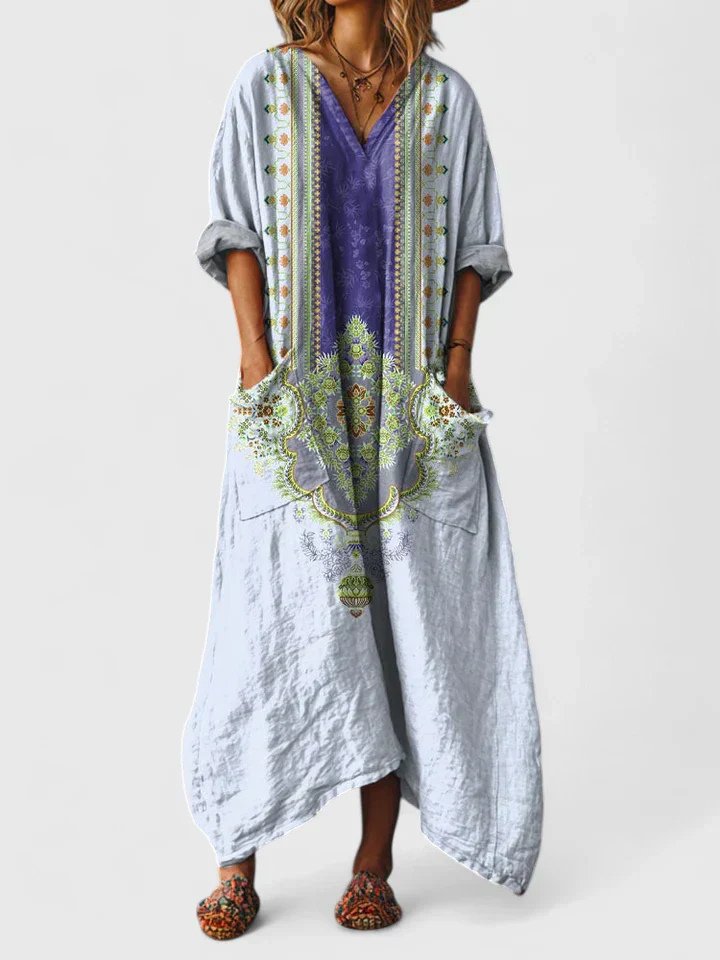 Women's Boho Paisley Print Oversized Cocoon Maxi Dress with Large Front Patch Pockets Roll Back Sleeves and Asymmetric Hem