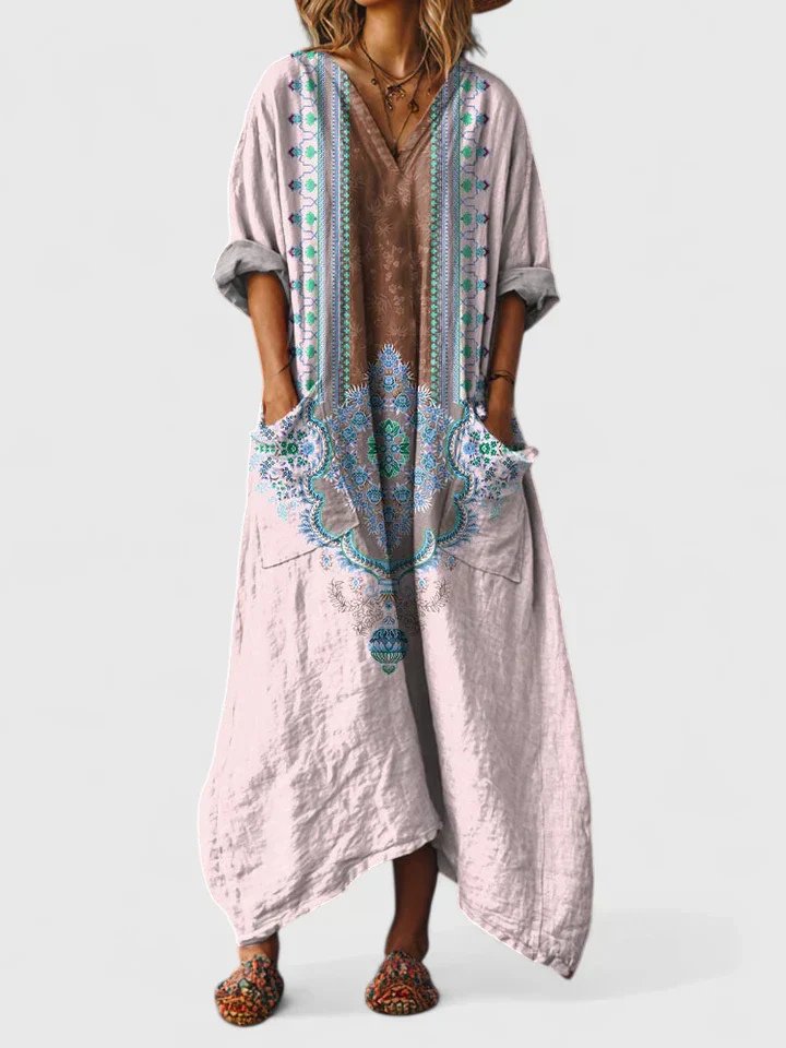 Women's Boho Paisley Print Oversized Cocoon Maxi Dress with Large Front Patch Pockets Roll Back Sleeves and Asymmetric Hem