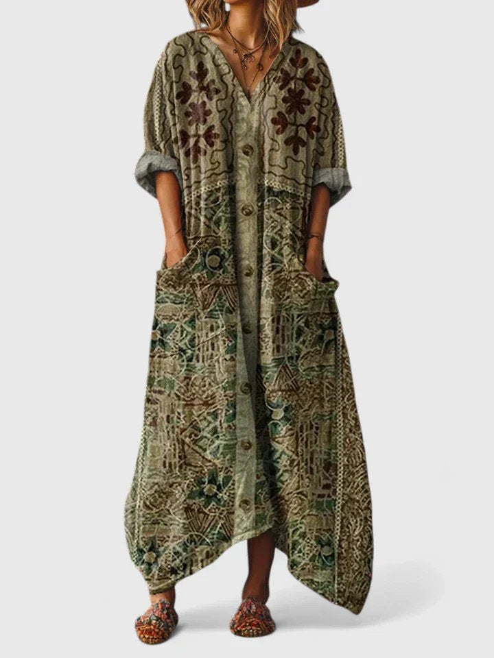 Women's Boho Paisley Print Oversized Cocoon Maxi Dress with Large Front Patch Pockets Roll Back Sleeves and Asymmetric Hem
