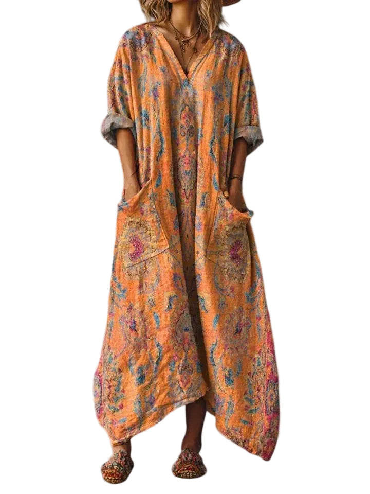 Women's Boho Paisley Print Oversized Cocoon Maxi Dress with Large Front Patch Pockets Roll Back Sleeves and Asymmetric Hem