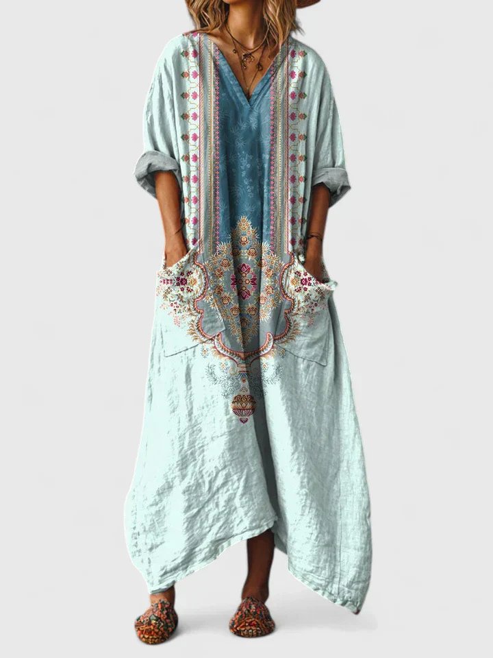 Women's Boho Paisley Print Oversized Cocoon Maxi Dress with Large Front Patch Pockets Roll Back Sleeves and Asymmetric Hem
