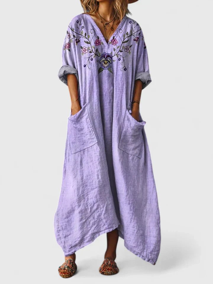 Women's Boho Paisley Print Oversized Cocoon Maxi Dress with Large Front Patch Pockets Roll Back Sleeves and Asymmetric Hem