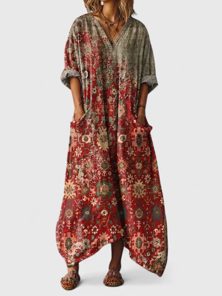 Women's Boho Paisley Print Oversized Cocoon Maxi Dress with Large Front Patch Pockets Roll Back Sleeves and Asymmetric Hem