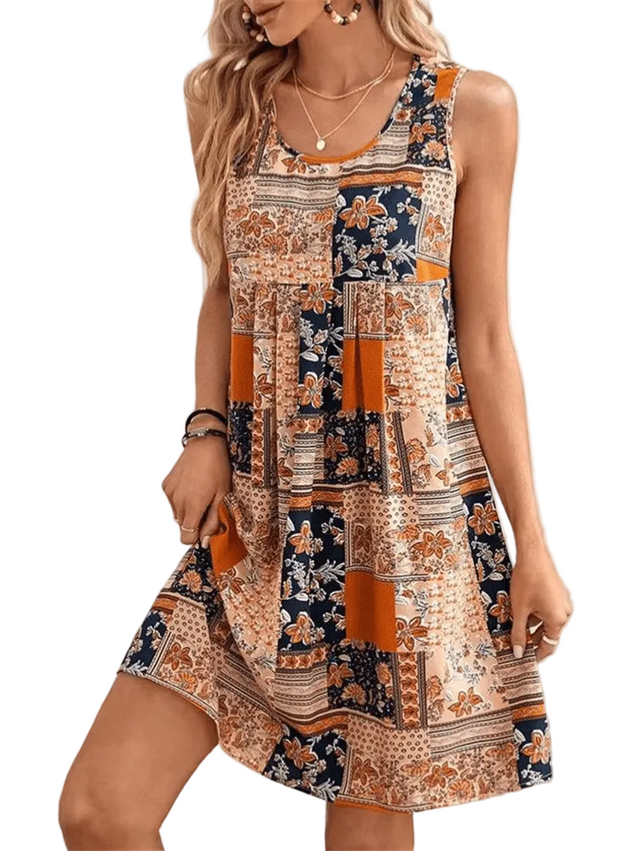 Women's Boho Patchwork Floral Print Scoop Neck Sleeveless Relaxed Fit Flowy Swing Mini Dress Boho Mini Dress