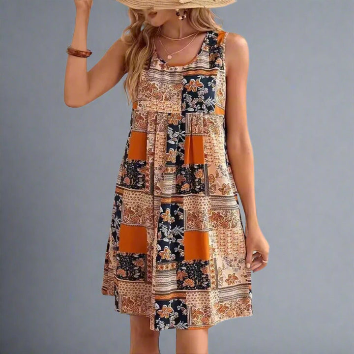 Women's Boho Patchwork Floral Print Scoop Neck Sleeveless Relaxed Fit Flowy Swing Mini Dress Boho Mini Dress