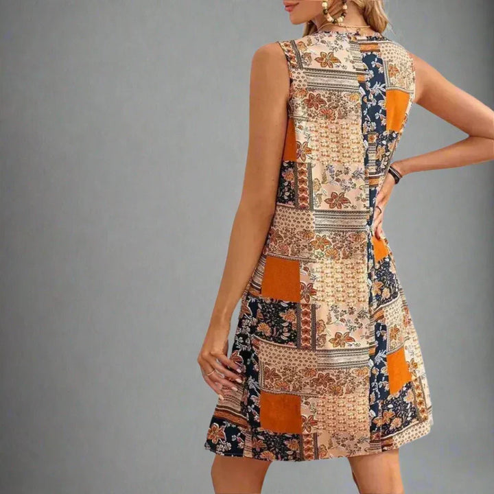 Women's Boho Patchwork Floral Print Scoop Neck Sleeveless Relaxed Fit Flowy Swing Mini Dress Boho Mini Dress