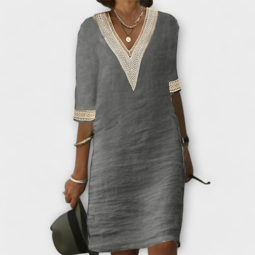 Women's Boho Solid Deep V Neck Openwork Geometric Trim Three Quarter Sleeve Straight Shift Knee Length Dress Summer Dress