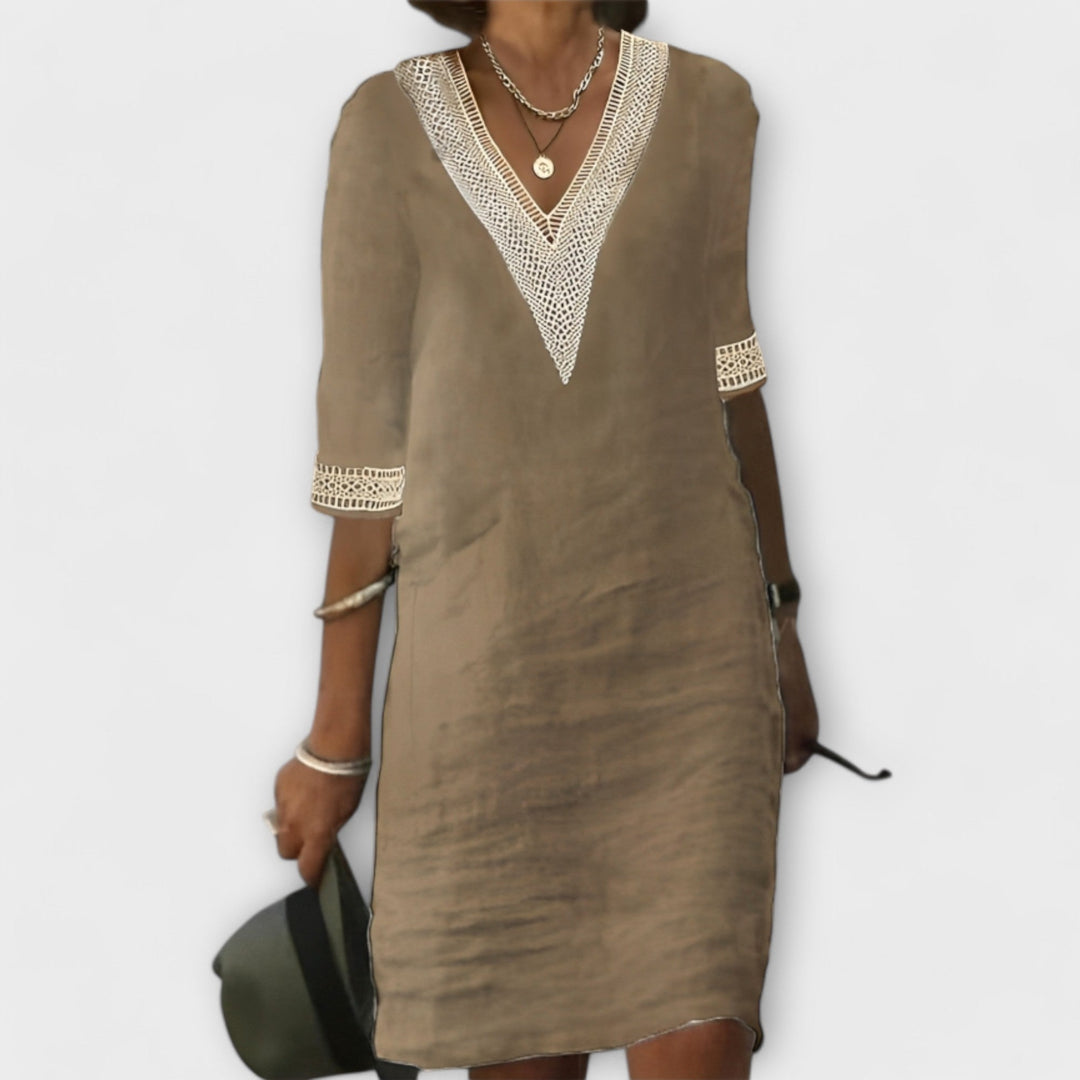 Women's Boho Solid Deep V Neck Openwork Geometric Trim Three Quarter Sleeve Straight Shift Knee Length Dress Summer Dress