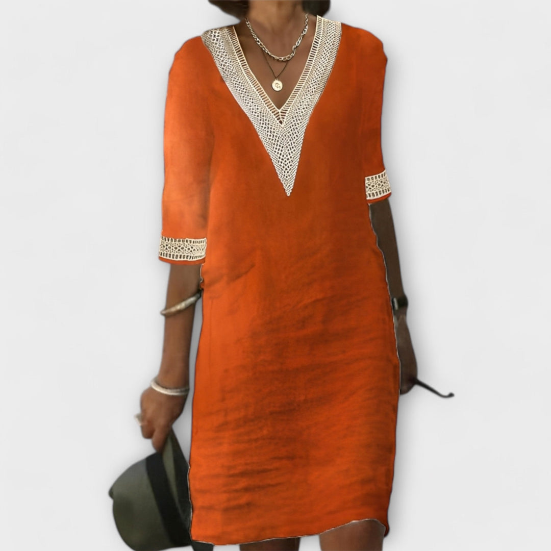 Women's Boho Solid Deep V Neck Openwork Geometric Trim Three Quarter Sleeve Straight Shift Knee Length Dress Summer Dress