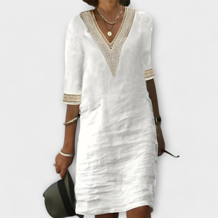 Women's Boho Solid Deep V Neck Openwork Geometric Trim Three Quarter Sleeve Straight Shift Knee Length Dress Summer Dress