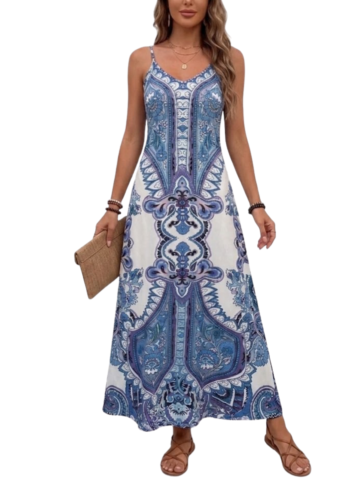 Women's Boho Symmetrical Medallion Paisley Placement Print Spaghetti Strap V Neck Relaxed Fit Maxi Dress Boho Maxi Dress