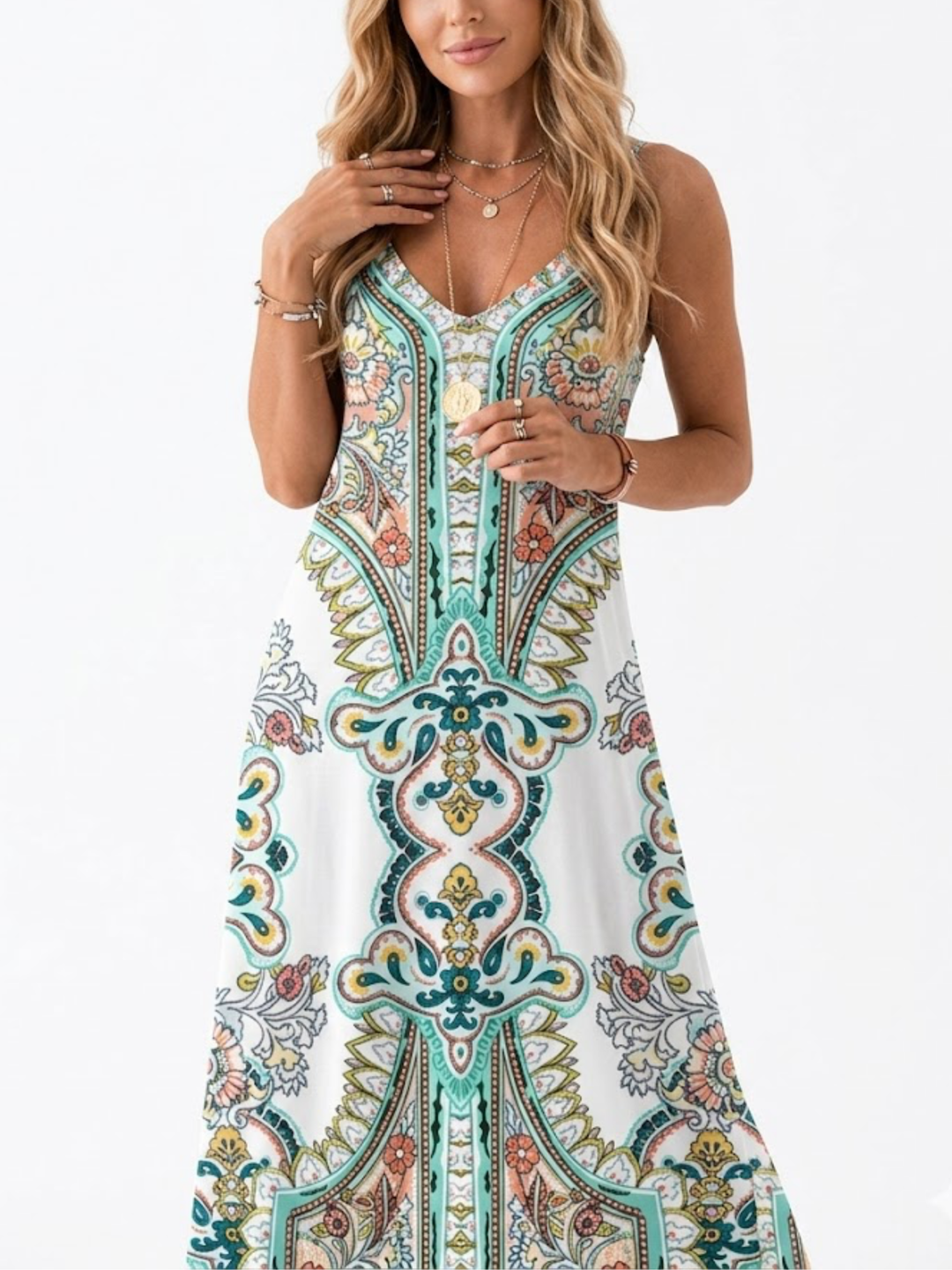 Women's Boho Symmetrical Medallion Paisley Placement Print Spaghetti Strap V Neck Relaxed Fit Maxi Dress Boho Maxi Dress