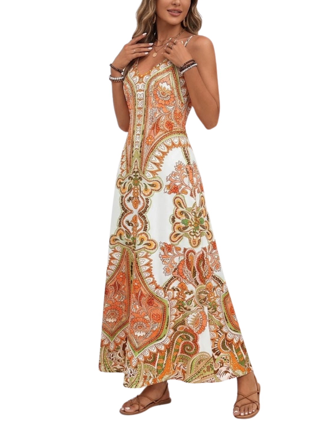 Women's Boho Symmetrical Medallion Paisley Placement Print Spaghetti Strap V Neck Relaxed Fit Maxi Dress Boho Maxi Dress