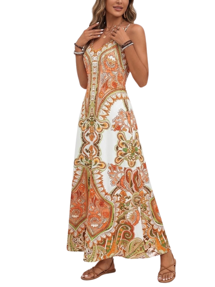 Women's Boho Symmetrical Medallion Paisley Placement Print Spaghetti Strap V Neck Relaxed Fit Maxi Dress Boho Maxi Dress