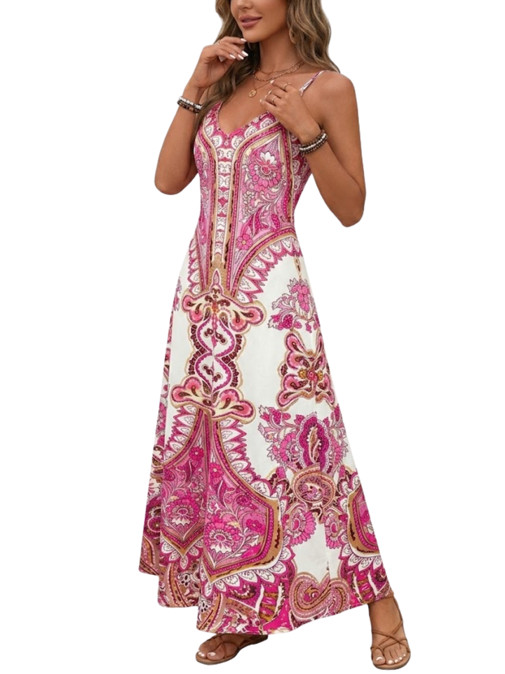 Women's Boho Symmetrical Medallion Paisley Placement Print Spaghetti Strap V Neck Relaxed Fit Maxi Dress Boho Maxi Dress