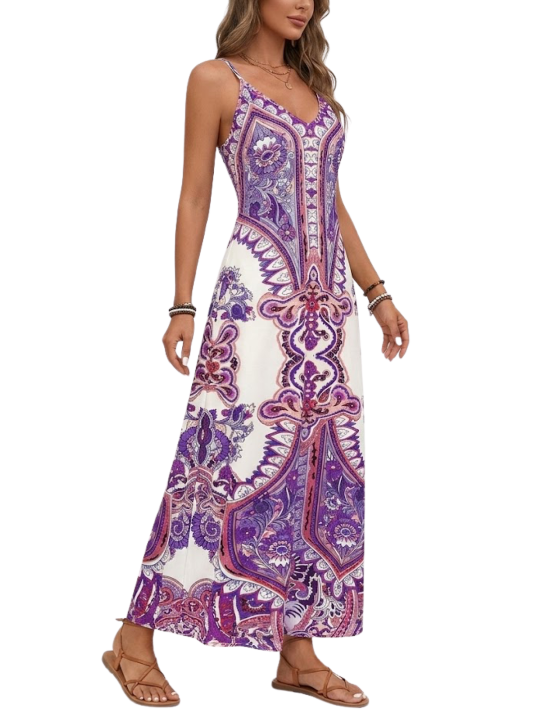 Women's Boho Symmetrical Medallion Paisley Placement Print Spaghetti Strap V Neck Relaxed Fit Maxi Dress Boho Maxi Dress