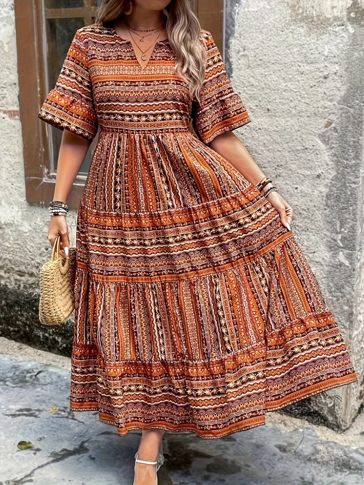 Women's Boho Tribal Geometric Print V Neck Half Sleeve Smocked Waist Tiered Flowy Maxi Dress Boho Maxi Dress