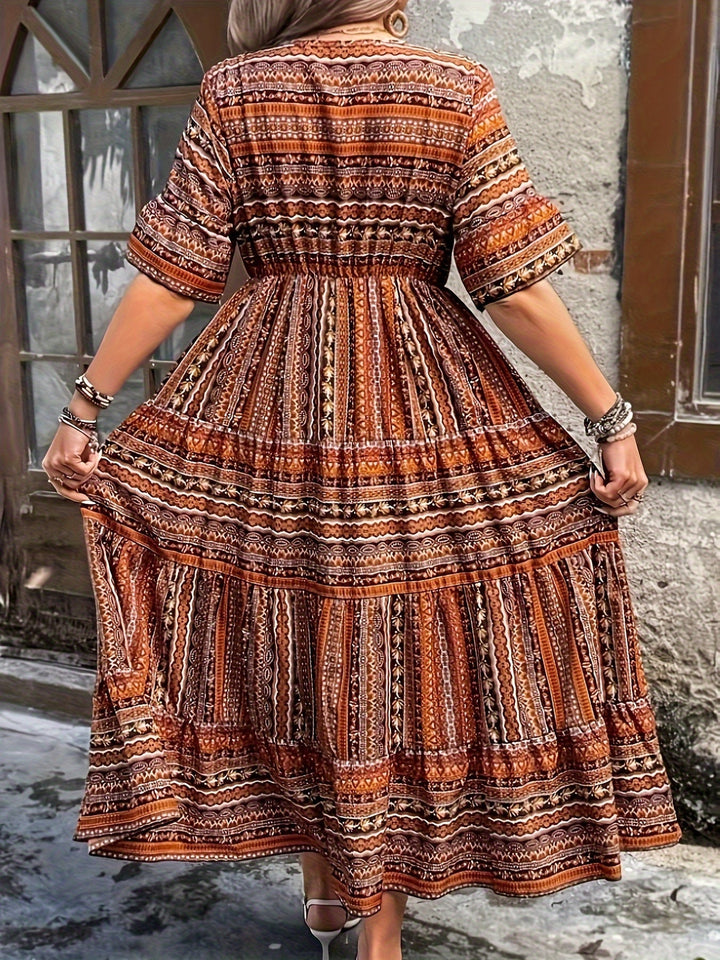 Women's Boho Tribal Geometric Print V Neck Half Sleeve Smocked Waist Tiered Flowy Maxi Dress Boho Maxi Dress