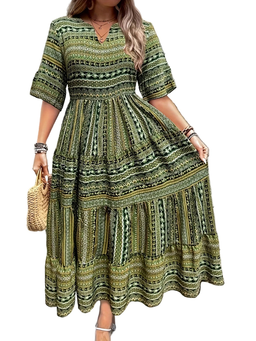 Women's Boho Tribal Geometric Print V Neck Half Sleeve Smocked Waist Tiered Flowy Maxi Dress Boho Maxi Dress