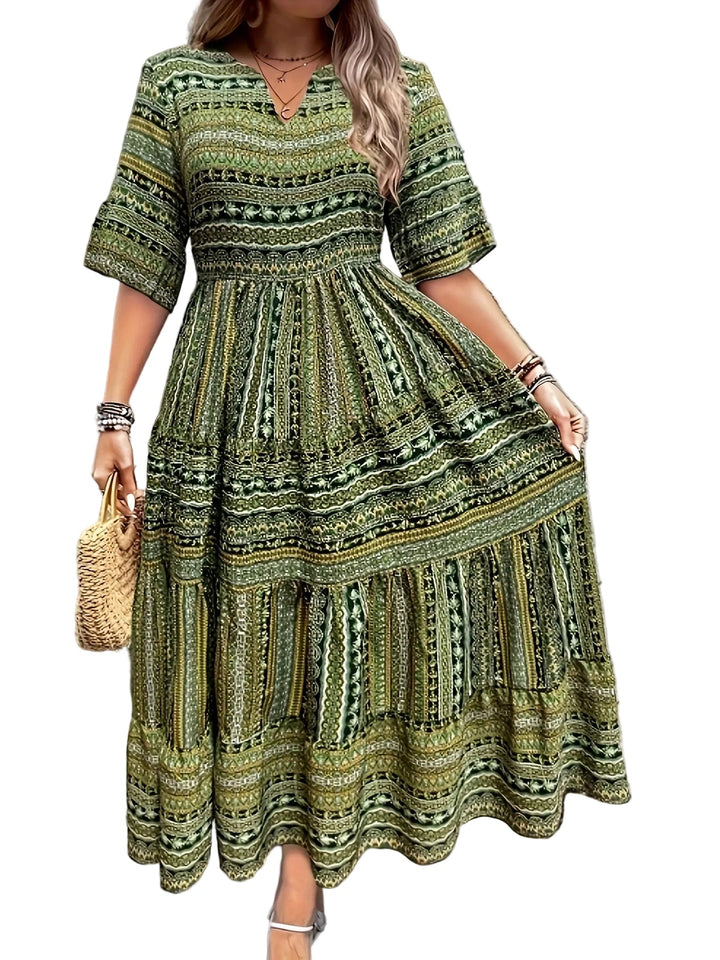 Women's Boho Tribal Geometric Print V Neck Half Sleeve Smocked Waist Tiered Flowy Maxi Dress Boho Maxi Dress