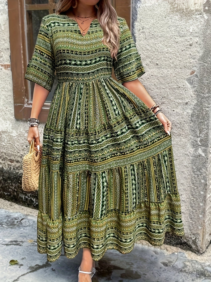 Women's Boho Tribal Geometric Print V Neck Half Sleeve Smocked Waist Tiered Flowy Maxi Dress Boho Maxi Dress