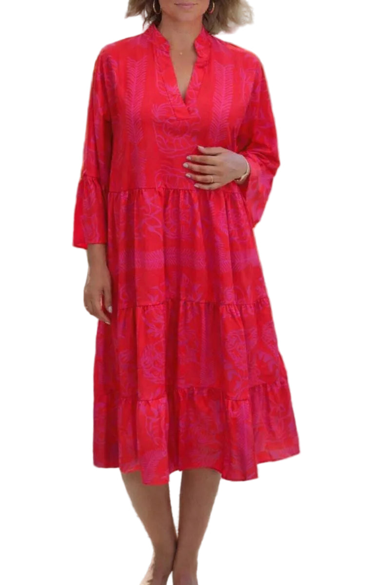 Women's Boho Tropical Leaf Print V Neck Long Flare Sleeve Gathered Waist Tiered Split Hem Midi Dress Boho Dress