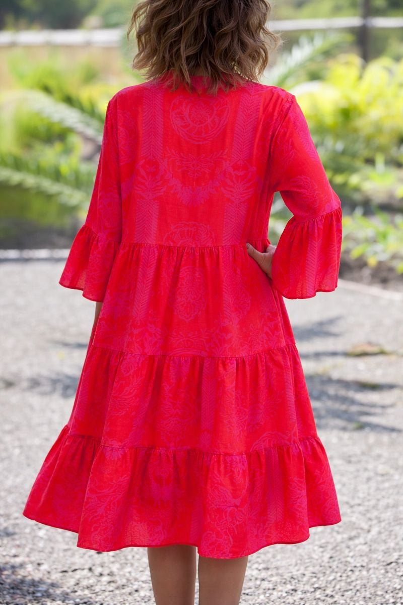Women's Boho Tropical Leaf Print V Neck Long Flare Sleeve Gathered Waist Tiered Split Hem Midi Dress Boho Dress