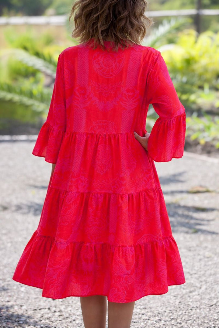 Women's Boho Tropical Leaf Print V Neck Long Flare Sleeve Gathered Waist Tiered Split Hem Midi Dress Boho Dress