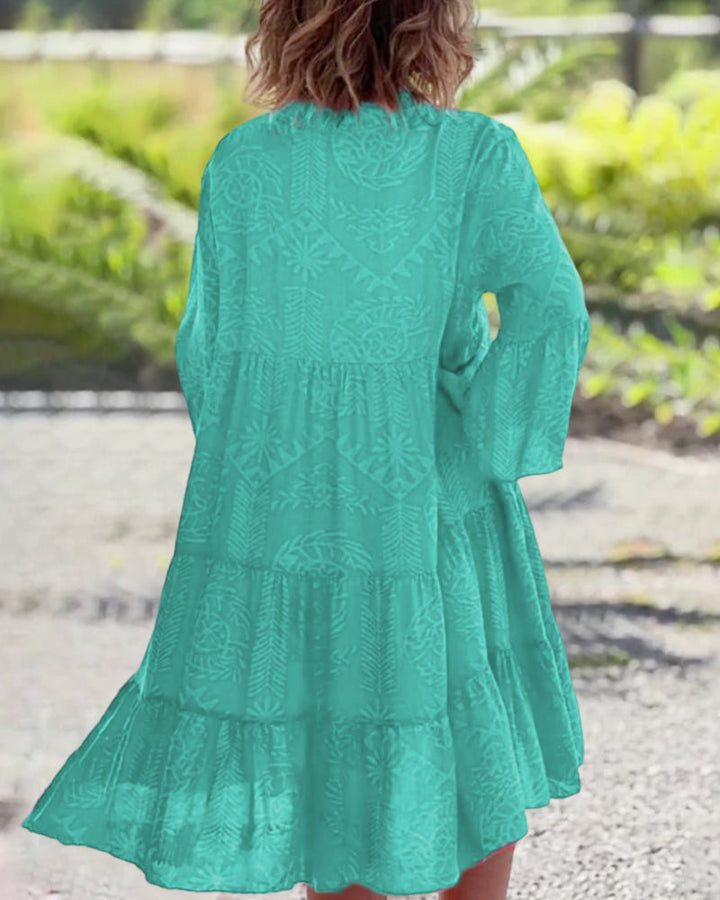 Women's Boho Tropical Leaf Print V Neck Long Flare Sleeve Gathered Waist Tiered Split Hem Midi Dress Boho Dress