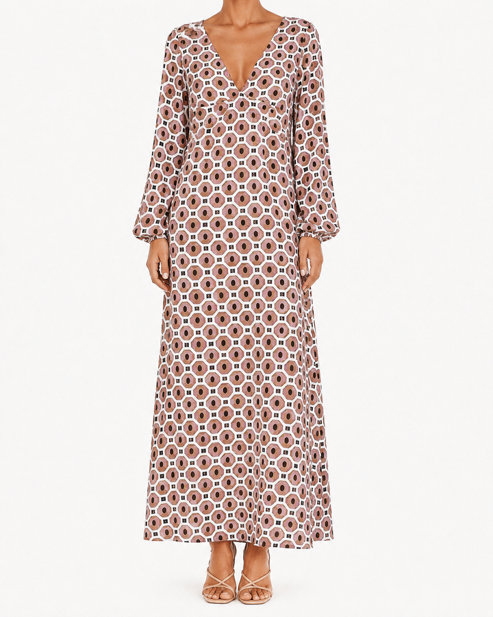 Women's Boho V Neck Long Sleeve All Over Abstract Oval Spot Print Relaxed Kaftan Tent Silhouette Side Split Floor Length Maxi Dress