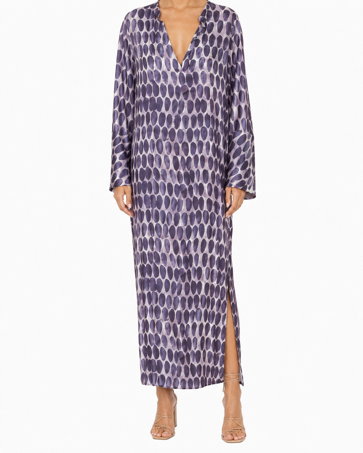 Women's Boho V Neck Long Sleeve All Over Abstract Oval Spot Print Relaxed Kaftan Tent Silhouette Side Split Floor Length Maxi Dress